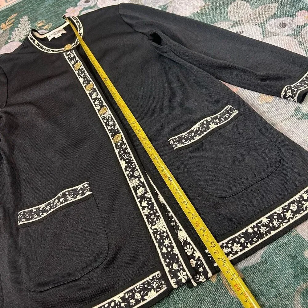 Castleberry Vintage Long Cardigan Sweater Women's Large Black Gold Button Floral